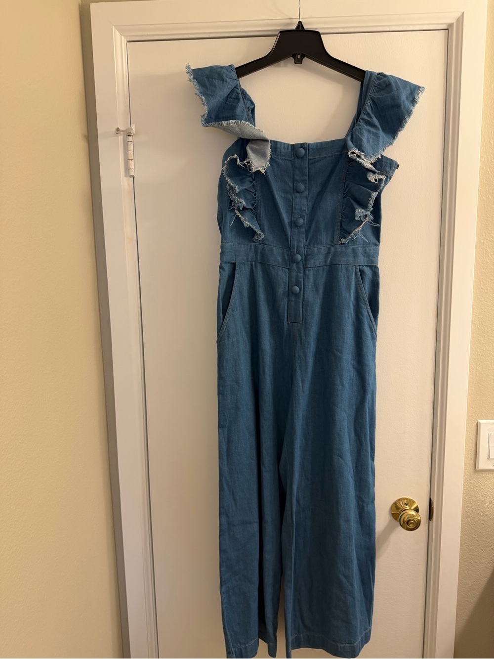 SEA! Denim Ruffle Strap Jumpsuit in Medium Blue